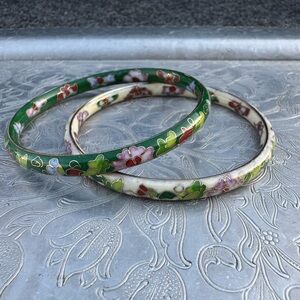Vintage Cloisonne Floral Enamel Bangle Set - Green and Cream